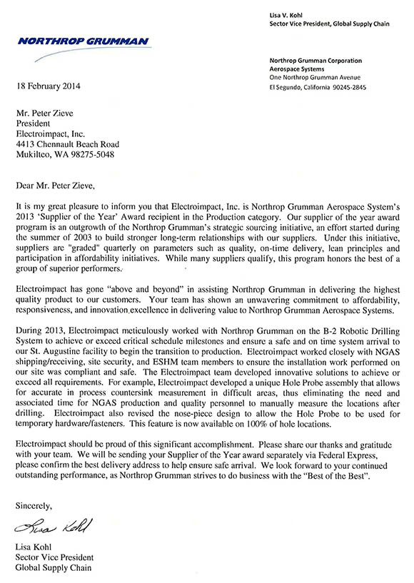 Northrop Grumman Letter announcing Supplier of the Year